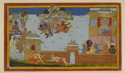 Hanumān motar bort demoner; Rāma och Rāvaṇa tittar på