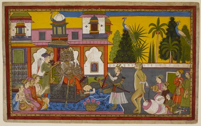 Hanumān tillfångatas och förödmjukas av Rāvaṇa, men flyr och sätter eld på staden med sin flammande svans. 1653