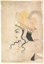 Head of Krishna: tecknad film för en väggmålning av Raslila, ca 1800 (bläck och akvarell på papper)