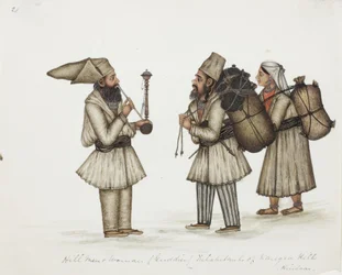 Hill Men and Woman (Guddies) Invånare i Kangra Hills Hindoes, ca 1840 (ogenomskinlig wc på papper)