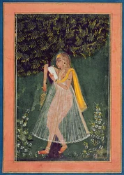Hinduisk kvinna läser ett kärleksbrev under ett träd (gouache, bläck  guld på papper)