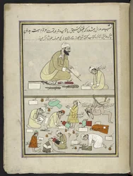 Hindulärare med elever,  86 teckningar inbundna i en volym som visar yrken och yrken i Kashmir, hantverkare visas i arbete med sina redskap och utrustning,  Av en Kashmir-konstnär, troligen i Srinagar, ca 1850-60 (gouache på papper)