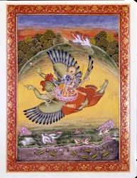 Hinduism: framställning av fågeln Garuda som bär Vishnu, en stor hinduisk gudom, och hans hustru Lakhmi