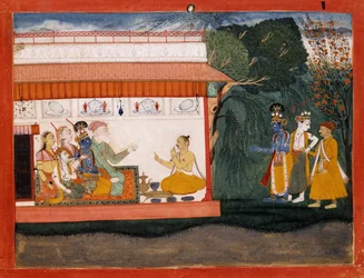 Illustration till Bhagvata Purana som visar Balarama som tar Akrura i hand med sin yngre bror Krishna, ca 1700