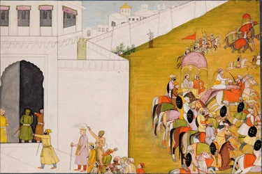 Illustration till Ramayana: Rama går in i Mithila för att utföra en bågskyttetävling, ca 1775-80