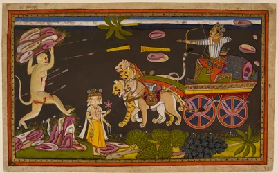 Indrajit kämpar mot Hanumān, som låter sig tillfångatas för att möta Rāvaṇa i förlitan på gudarnas beskydd. 1653 (miniatyr)