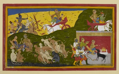 Indrajit kämpar medan Rāma sörjer Sītās död, tröstad av Lakṣmaṇa och Vibhīṣaṇa