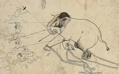 Isarda eller kotah förberedande teckning av tämjandet av en elefant, ca 1720