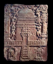Jain-tavla med hyllningsuppsättning av Vasu, dotter till kurtisanen Lavana Sobhika (röd sandstensrelief, Kushan Empire)