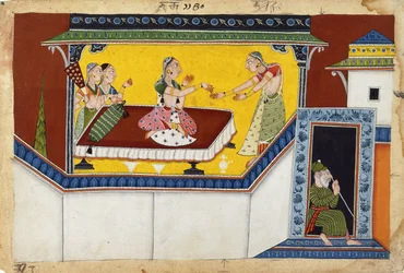 Kaikei, kung Dasharathas andra drottning, belönar den hunchback Madiservant Manthara, C10-200