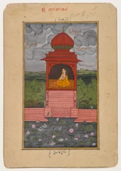 Kamodani Ragini, sida från en spridd Ragamala-serie, ca 1800 (wc på papper)