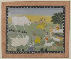 Krishna Besegrar Bull Demon (akvarell på papper)