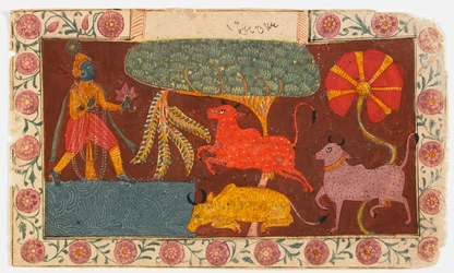 Krishna och kor vid en damm, från en Bhagavata Purana (ogenomskinlig wc på papper)