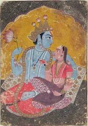 Krishna och Radha, ca 1690-1700 (ogenomskinlig wc med präglat guld på papper)