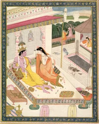 Krishna och Radha på en säng i ett mogulpalats, Punjab, ca 1860