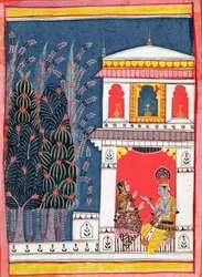 Krishna och en dam i en paviljong, ca 1660