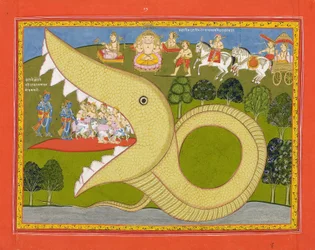 Krishna och koherdarna går in i Agasuras mun, ca 1800 (ogenomskinlig wc & guld på papper)