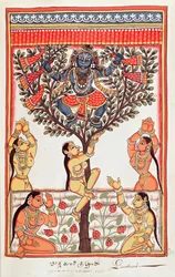Krishna stjäl kläderna från Gopi som simmar i floden Yamuna (wc på papper)