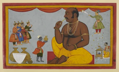 Kumbhakarṇa väcks för att kämpa mot Rāma; ministrar bistår honom med ritualer