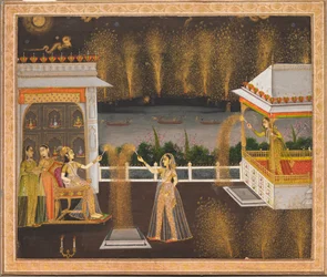 Damer firar Diwali, ca 1760 (opak akvarell  guld på papper)