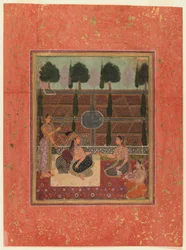 Damer på en terrass, Mughal Style, ca 1700-10 (wc på guldfläckat papper)