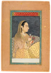 Lady Holding a Cup and a Flower, tidigt 1700-tal (wc med guld och silver på papper)
