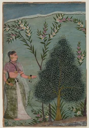 Damen i vildmarken, fragment av en sida från en Bhagavata Purana-serie, ca 1590-1600 (wc & guld på papper)