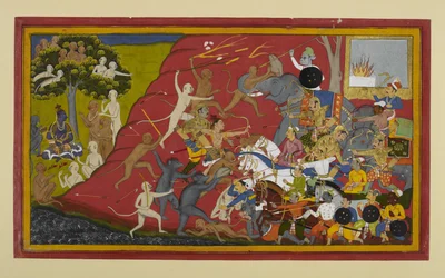 Lakṣmaṇa, Hanumān och Vibhīṣaṇa attackerar Indrajit; nyheten når Rāma