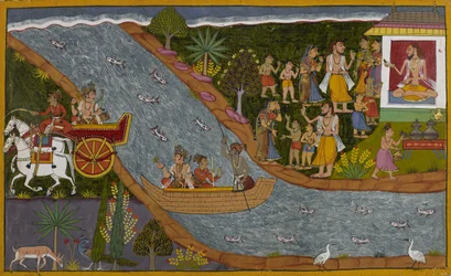 Lakṣmaṇa återvänder till Ayodhya med Sumantra, medan Sītā tas emot i Vālmīkis eremitage