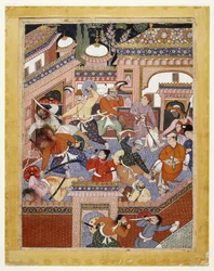 Ledda av Songhur Balkhi och Lulu spionen, skar ayyarerna strupen på fängelsevakterna och Free Said Farrukh-Nizhad, 1557 - 1572 (ogenomskinlig akvarell och guld på bomullstyg)