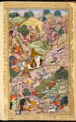 Kejsar Babur jagar, mellan Ali Shang och Alangar, i regionen Kabul (Afghanistan). Miniatyr från det persiska manuskriptet Vaqi at i Baburi, Memoirs of Mughal Emperor Babur (Zahir ud din Muhammad) (1483-1530), Indien, cirka 1590. The British Libra