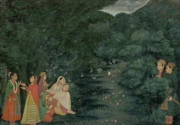 MS 34.17 Kvinnor och ett barn vid en bäck i en skog på natten, bevakad av två adelsmän, Lucknow, School of Mihr Chand, ca 1760, (gouache på papper med mönstrad kant)