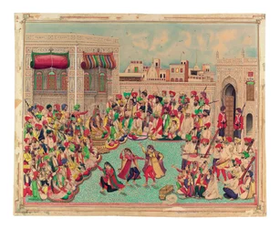 Maharaja Sher Singh och följeslagare tittar på en dansföreställning, ca 1850 (ogenomskinlig akvarell och guld på papper)
