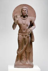 Maitreya, en framtida Buddha, Ramnagar-kultur, från Ahichatra, Uttar Pradesh, 200 AD (röd sandsten)