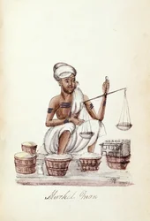 Market man, från "A Digest of the different Castes of India", av Venkata Ramasvani, publicerad Madras 1837 (färg litho)