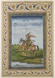Miniatyr föreställande en scen av en bevingad figur på en häst, troligen Delhi-skolan, Mughal, Indiska, tidigt 1800-tal (akvarell och förgyllning på papper)