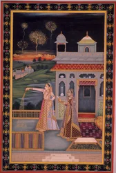 Miniatyrmålning av kvinna som firar Diwali-festivalen, Indien (akvarell på papper)