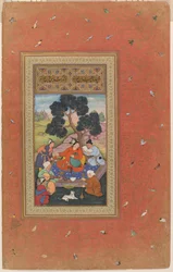 Mongolisk hövding med följeslagare, folio från Gulshan-albumet (Rose Garden-albumet), ca 1600 (opak akvarell, bläck och guld på papper)