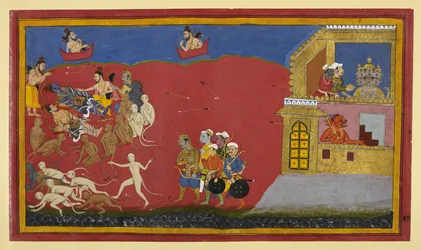 Apor misstar Vibhīṣaṇa för Indrajit; Nārada prisar Nārāyaṇa medan Rāvaṇa äter middag