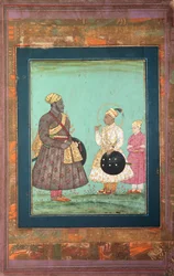 Murtaza Nizam Shah med en svart vesir, möjligen Malik Ambar, och en yngre man, cirka 1680