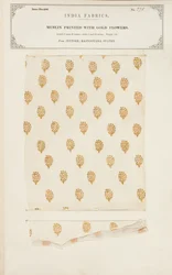 Muslinprov tryckt med guldblommor från Jeypore i Rajpootana-staterna, från The Collection of the Textile Manufacturers of India, av John Forbes Watson, publicerad 1866