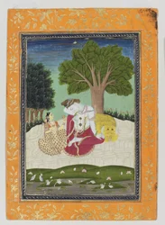 Parvati erbjuder en kopp till Shiva, ca 1800 (ogenomskinlig wc & guld på papper)
