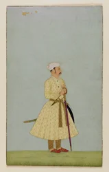 Porträtt av Rao Chattar Sal från Bundi, ca 1675 (ogenomskinlig wc & guld på papper)