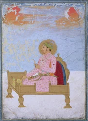 Porträtt av kejsaren Jahangir (1569-1627) sittande på en tron med en sarapesh, Mughal, ca 1720-40