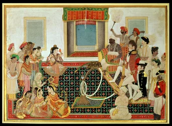 Prins Mahadaji Sindhia underhöll en brittisk arméofficer och en sjöofficer till en nautch, ca 1820 (gouache på papper)