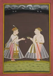 Förmodligen ett porträtt av Rana Raj Singh från Udaipur (1661-81) som erbjuder pan till en adelsman, 1820