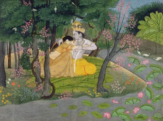 Radha och Krishna omfamnar sig i en lund av blommande träd, ca 1780 (wc på papper)