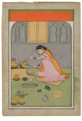 Radha i köket, ca 1810 (opaka pigment och guld på wasli)