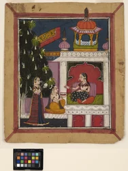 ? Raga: En knästående man erbjuder en bok till en dam i en paviljong, ca 1800 (ogenomskinlig akvarell på papper)