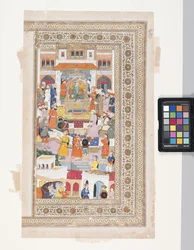 Raja With Courtiers (penna, bläck, gouache och bladguld på pergament)